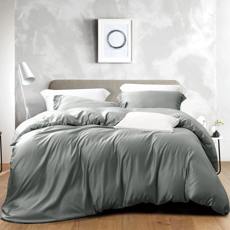 Ensemble de housse de couette 3 pièces, ensemble d'édredon en satin avec fermeture à glissière cachée - NTBAY, Gris foncé