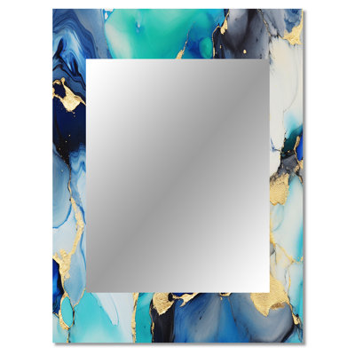 Lomanto Blue and Gold Luxury Abstract Fluid Art X - Fractals Large Wall Mirror, Modern Decorative Mirror, Printed Metal Art