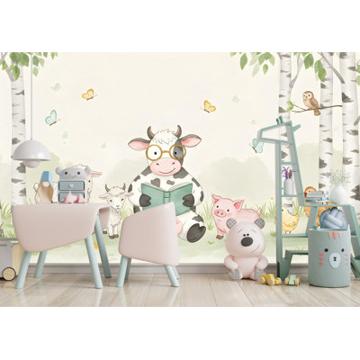 Cow Reading A Book Wall Graphics Farm Animal Peel And Stick Goat Sheep Pig Animals Room Farm Wallpaper Nursery Wall Decor Mural 576RS (Peel-N-Stick) RS576