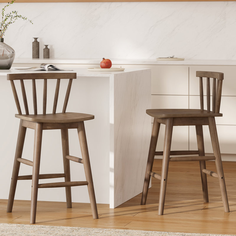Tabouret de comptoir moderne en bois massif de 24 po, tabourets pour îlot de cuisine avec dossier, Brun, 2