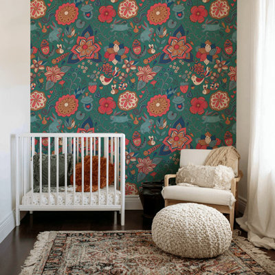 Papier peint floral, décoration murale bohémienne fantaisiste