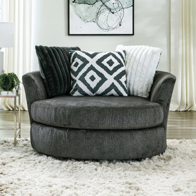 Chaise pivotante transitionnelle en métal, revêtement en chenille, accoudoirs rembourrés courbés, pieds en bois, coussins de siège en T, siège à fermeture à glissière réversible, dossier et coussins décoratifs ultra doux, boulon amovible