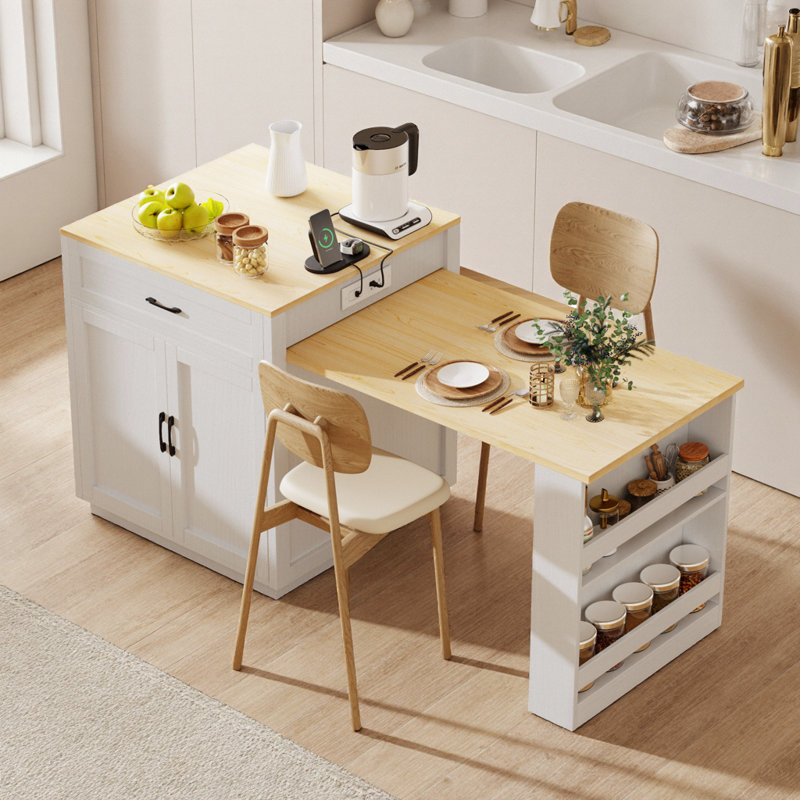 Black Kitchen Island with Extendable Dining Table for 6, Double Storage & Power Outlet, Faux Marble Top, White Oak