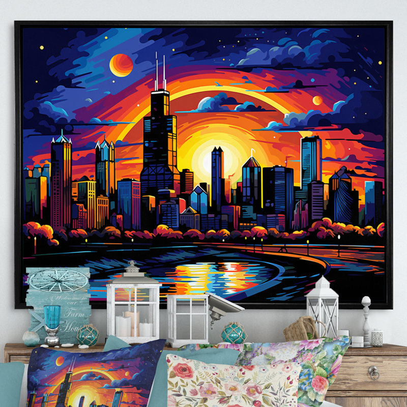 Chicago Popart I sur impression sur toile, H 24 po x l 32 po x P 1 po, Cadre flottant noir