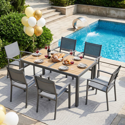  Abshire 7-Piece Outdoor Dining Set, 6-Person Outdoor Table and Chairs with Rectangular HDPS Top & Weather-Resistant Metal Frame, All-Weather Patio Dining Set for Backyard, Deck, Garden