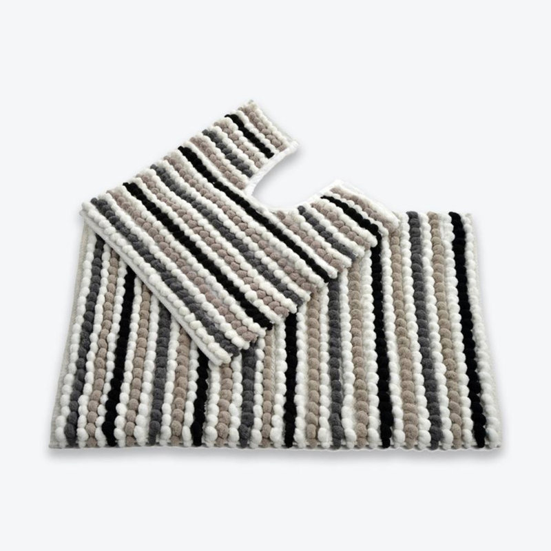 Two Piece Striped Bobble Bath Mat and Pedestal Mat Set, Black/Brown/Grey