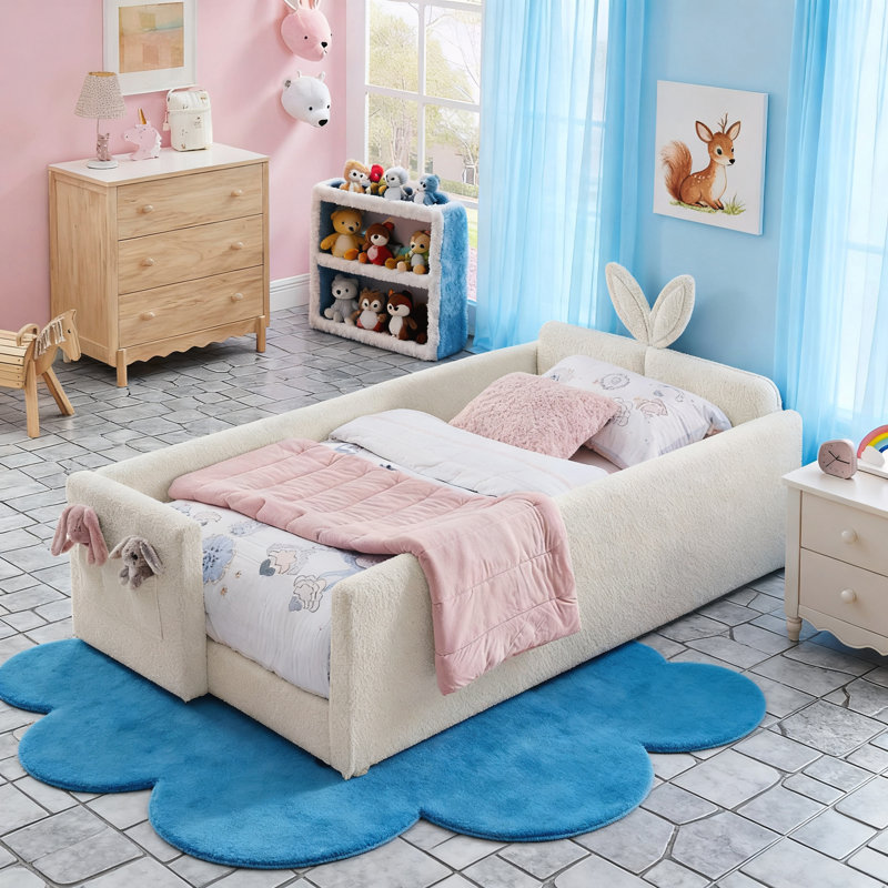 Twin Size Upholstered Platform Bed, Beige