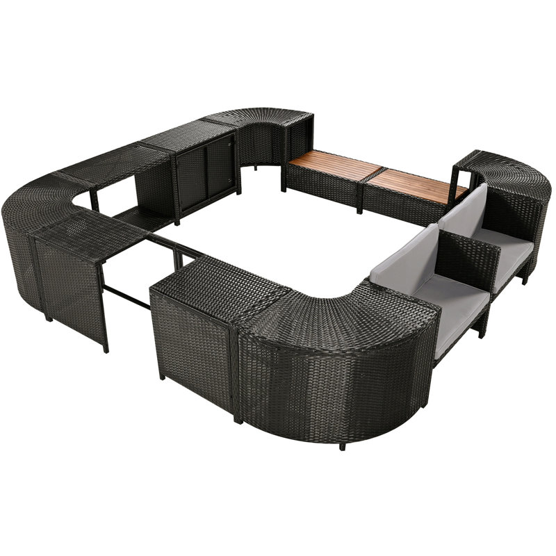 Canapé modulaire quadrilatéral avec mini sièges en bois et espace de rangement extérieur gris