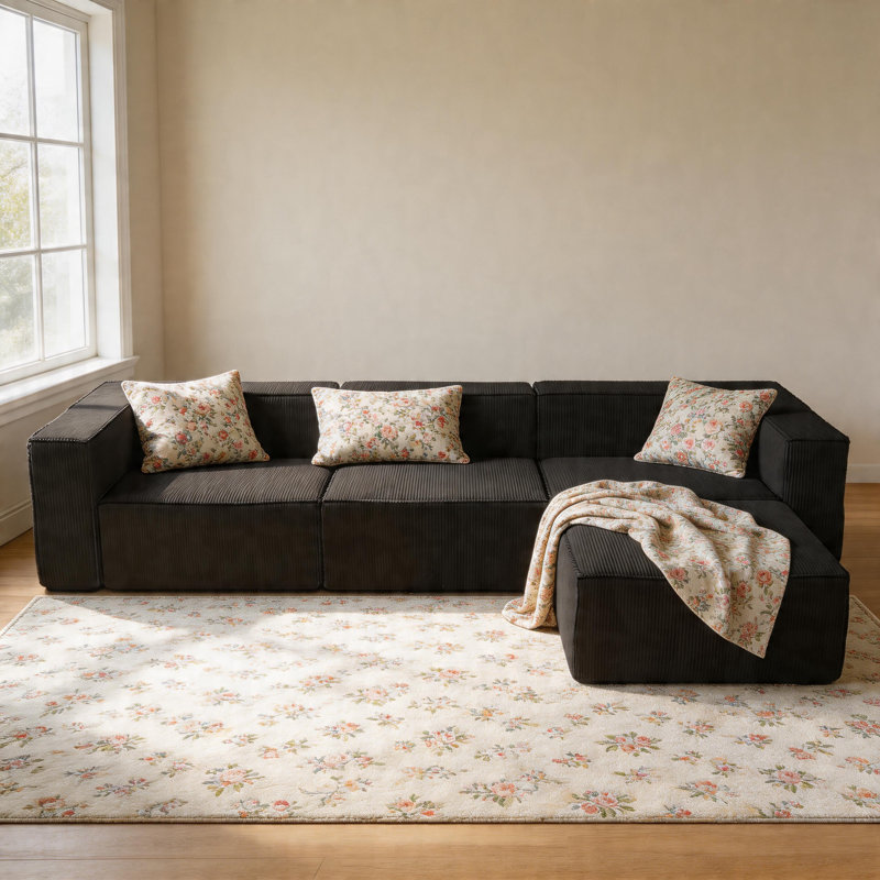 108" Luxury Corduroy Large Compression Module Couch Sofa With Ottoman For Living Room, Black
