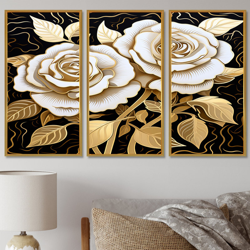 Houdemont - Ensemble d'art mural roses, Cadre flottant doré, H 40 po x l 60 po x P 1 po