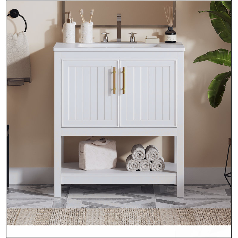 Meuble-lavabo de salle de bain avec lavabo en céramique et rangement polyvalent, Blanc
