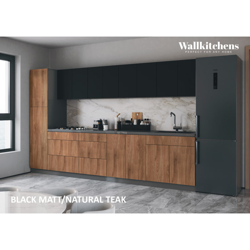 Cuisine complète l 135 po x H 83 po en panneau de fibres à densité moyenne (MDF) prêt à assembler, Teck naturel / noir