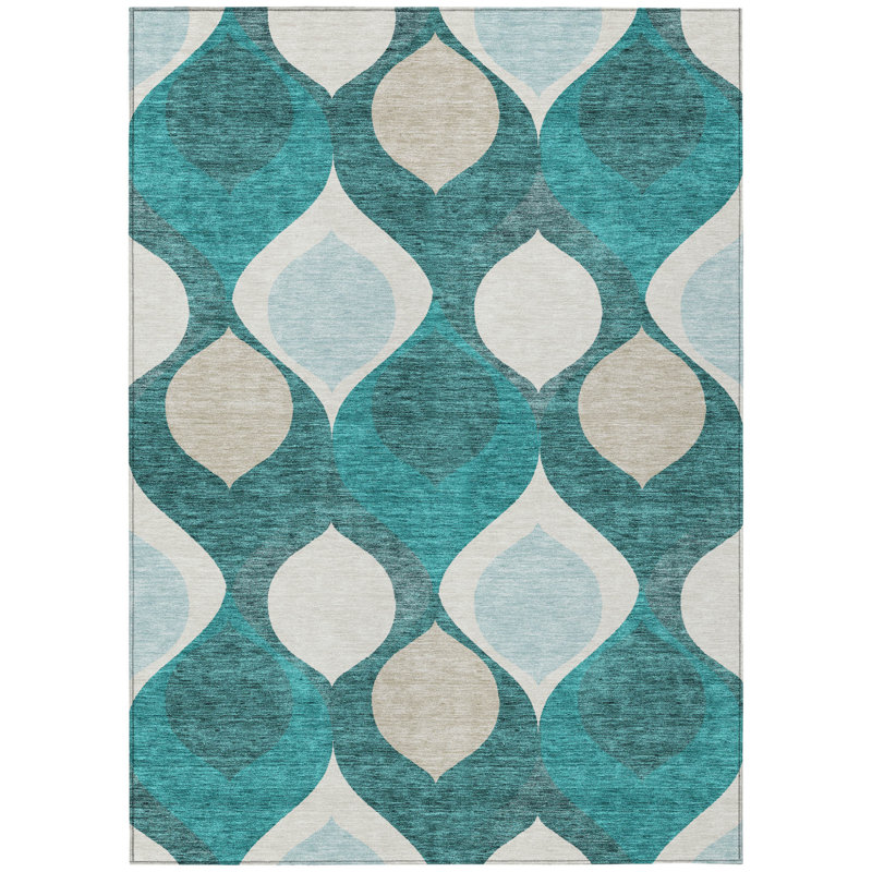 Tapis intérieur / extérieur bleu sarcelle et ivoire lavable 3 pi x 5 pi bleu sarcelle