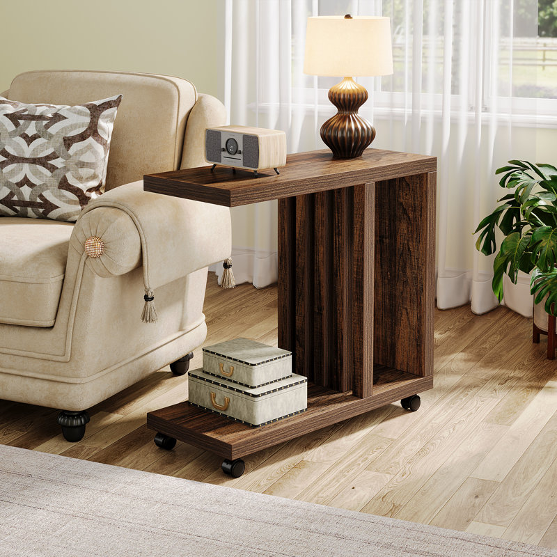 C Shaped End Table with Lockable Wheels, Rustic Wood Side Table for Living Room