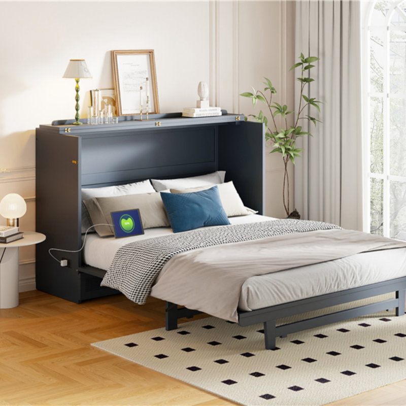 Grand lit escamotable grand format avec grand tiroir, ports de chargement USB et prises de courant pour une économie d'espace et une vie moderne