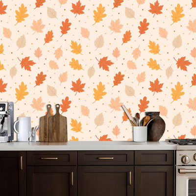 Peel and Stick Wallpaper fall Autumn maple Leaves Seamless Orange Beige Colors Contact Paper Removable Self Adhesive Wall Mural Wall Decor for Bedroom Kitchen Cabinets 24in x 118in