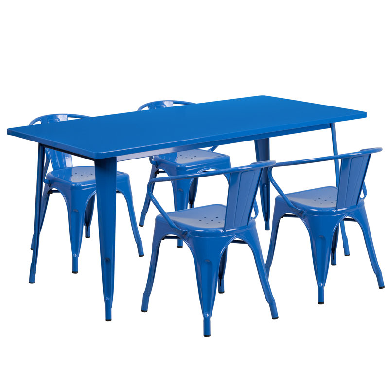 Lubron 31.5'' x 63'' Rectangular Metal Indoor-Outdoor Table Set with 4 Arm Chairs, Blue, 5