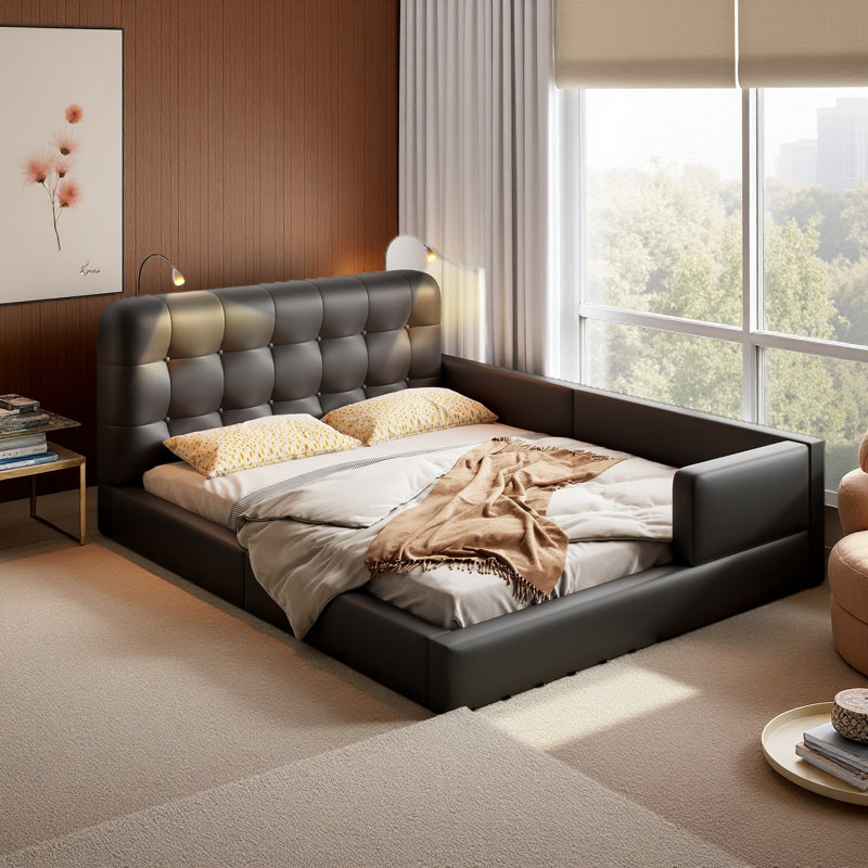 Lit plateforme ergonomique en similicuir avec 2 lampes de lecture, Noir