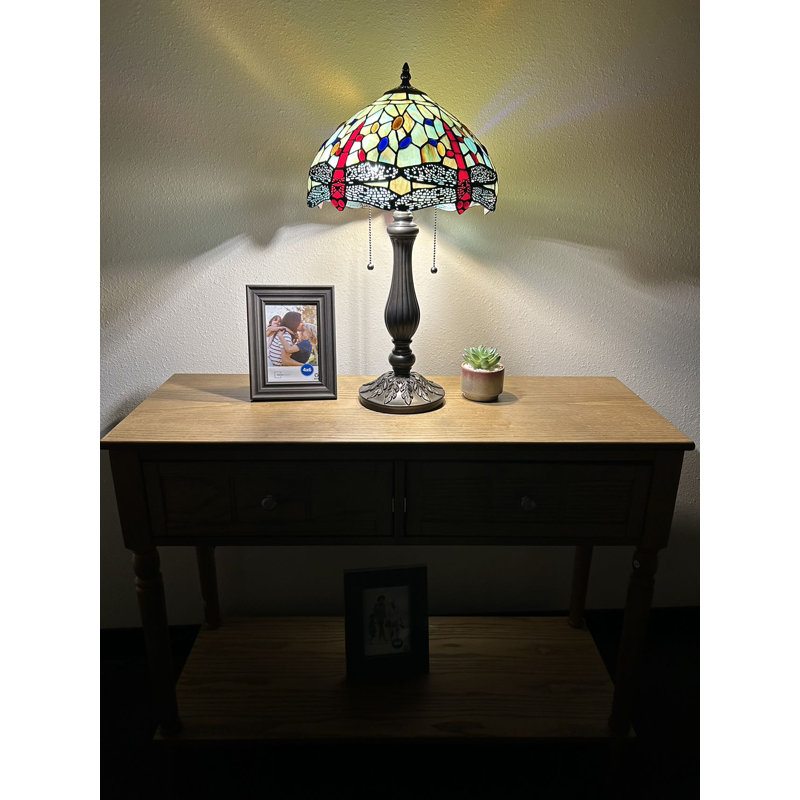 Berney Tiffany Table Lamp Dragonfly Stained Glass LED Bulbs Included H22" W12", Red