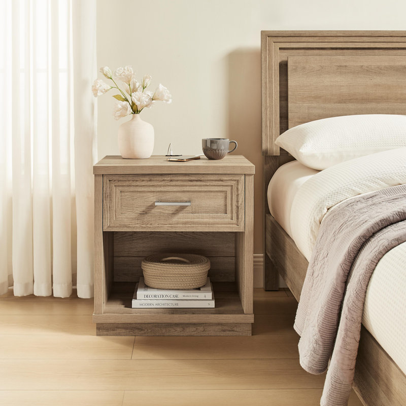 Hewett Nightstand With Charging Station, 24 Inches In Height Modern End Table With Drawer Storage And Open Shelf, Wooden Bedside Table For Small Spaces, Bedroom, Living Room, Dorm, Office 
