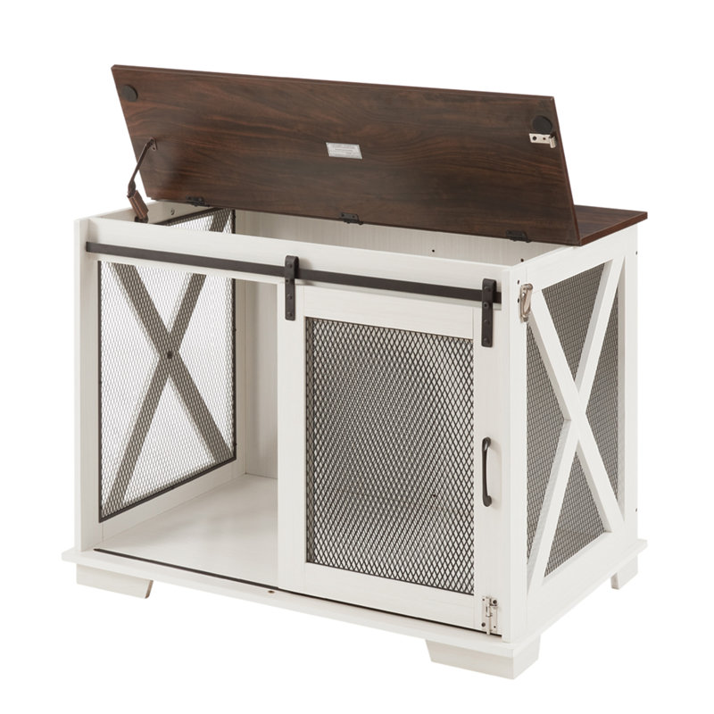 White Medium Farmhouse Dog Crate Table with Metal Mesh