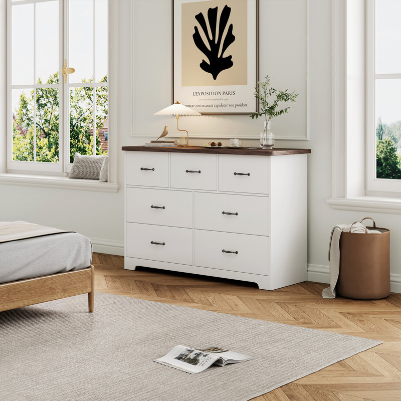 Rotan Modern 7-Drawer Double Dresser, Light Wood Chest of Drawers Storage Tower Storage for Living Room, Bedroom, White/Brown