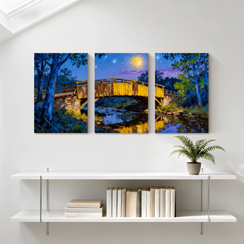 «Abstract Night Bridge River Moon Trees Reflection Landscape», ensemble de 3 impressions sur toile, H 18 po x l 36 po