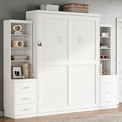 Grand lit escamotable avec tablettes de rangement et tiroirs, grand