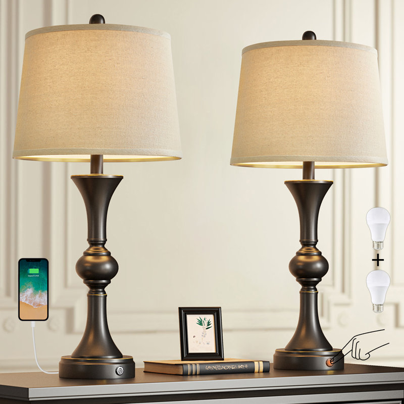 Lampe de table en métal à intensité variable H 28 "avec port USB Emzie (ensemble de 2)