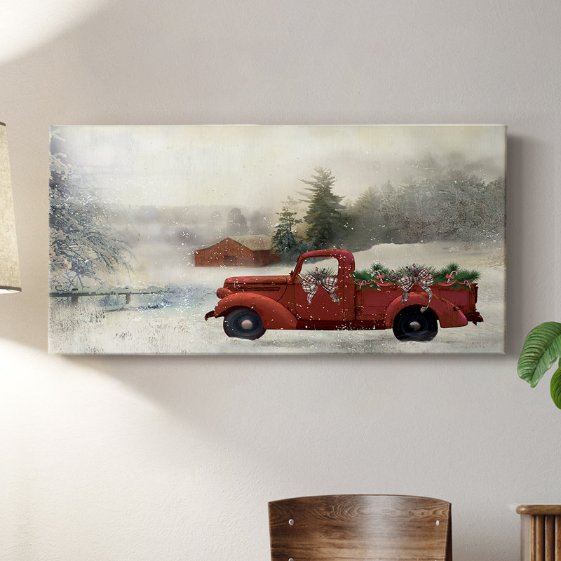 Red Barn Winter - Toile tendue avec châssis - Prêt à accrocher, H 20 po x l 40 po