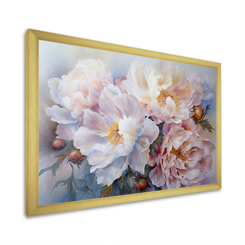 Reproduction d'art sur toile, pivoines roses et blanches, H 30 po x l 40 po x P 1,5 po, Cadre doré simple