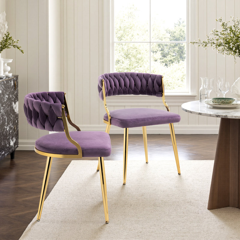 Christal 2 Piece Tufted Velvet Curved Weaved Back with Metal Legs Side Dining Chair Set, Purple