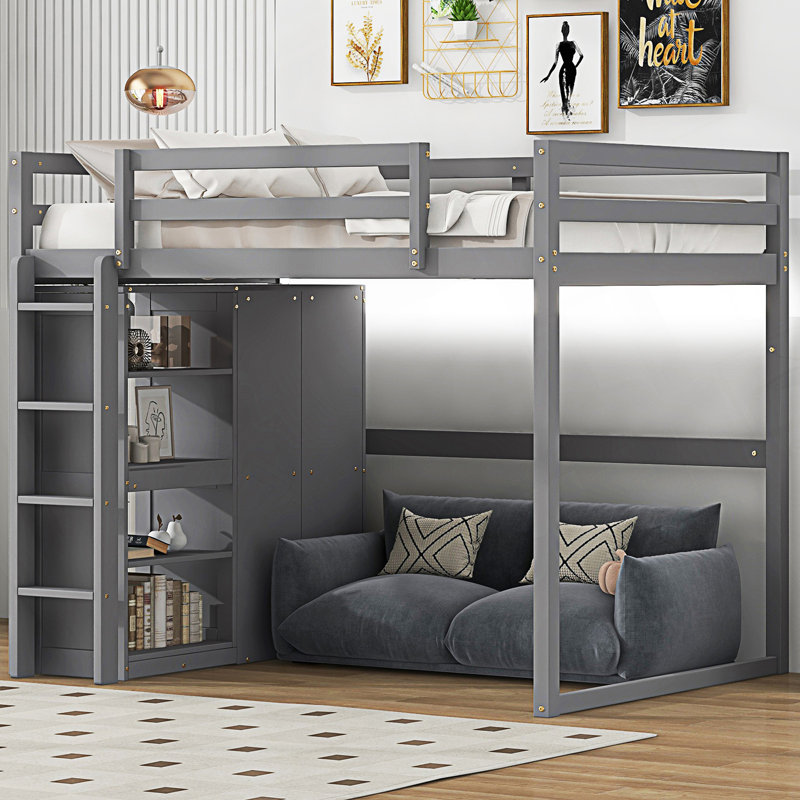 Lit mezzanine double avec garde-robe intégrée et tablettes de rangement, lumière DEL, gris