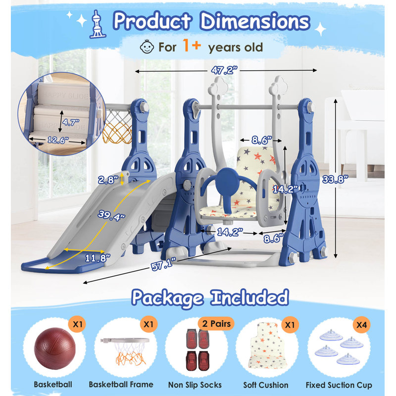 Blue and Gray 4-in-1 Toddler Slide and Swing Set