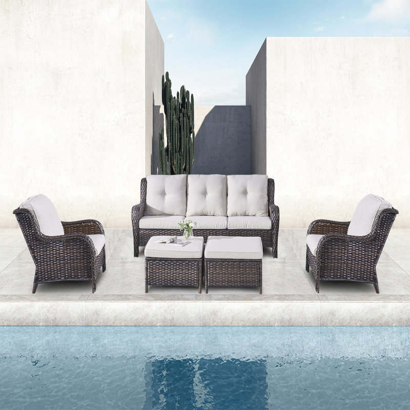5 - Person Patio Conversation Set with Cushions, Beige, Brown