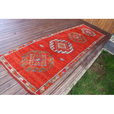 Handmade Wool Turkish Runner Rug In Vibrant Orange Tone For Corridors And Hallways
