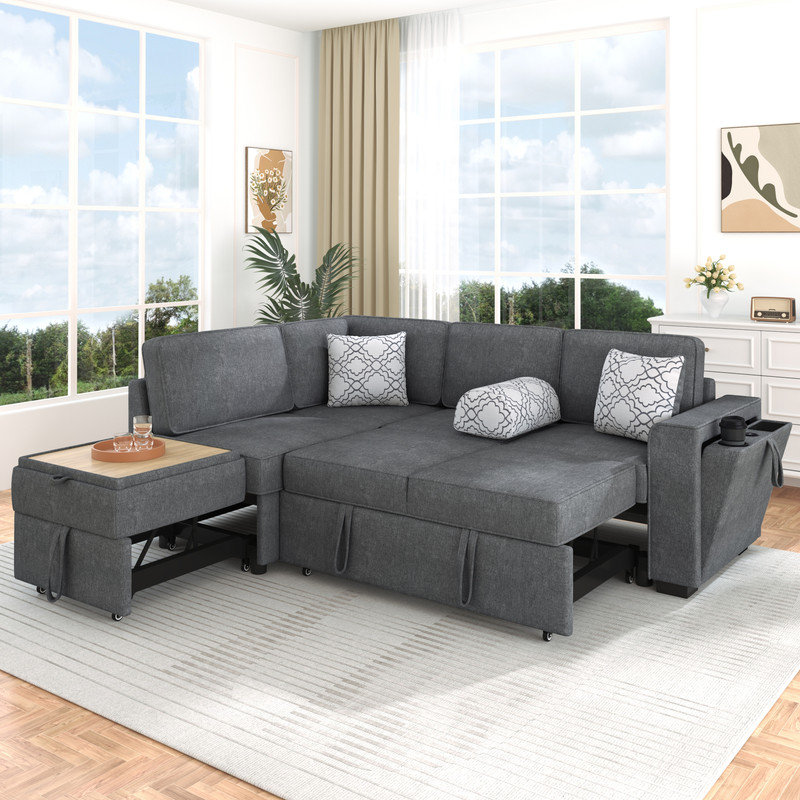 84"W 3-Piece Pull-Out Sectional Sofa Bed, Dark Gray Chenille