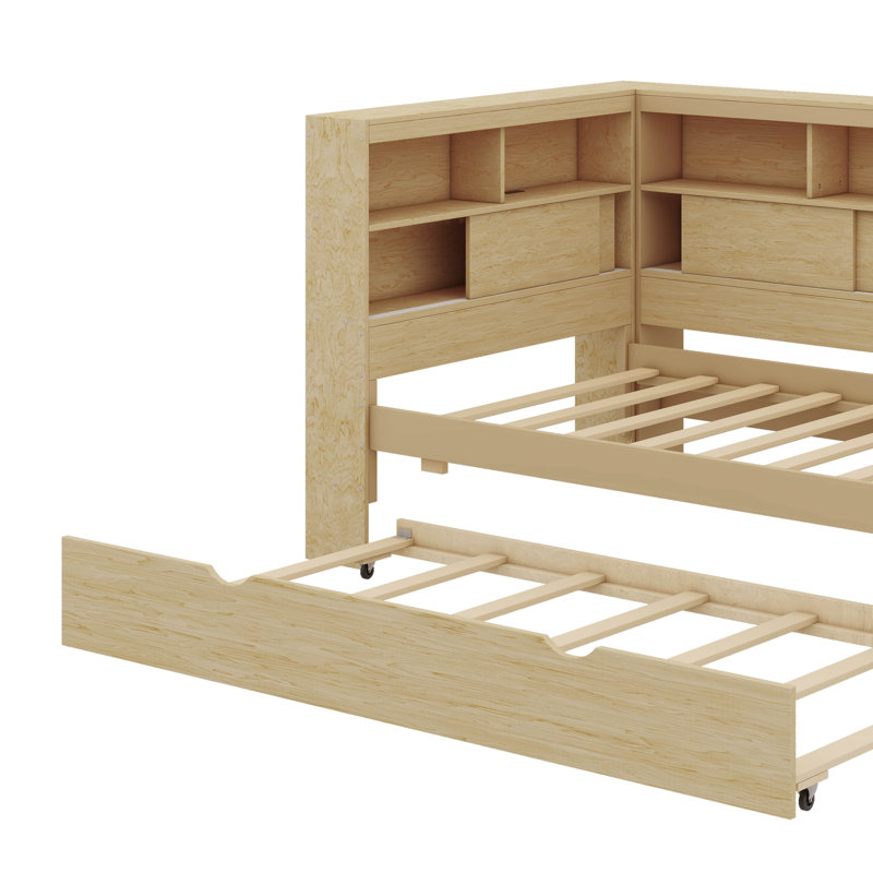 Lit de jour en bois polyvalent avec étagères de chargement USB et gigogne extensible, Naturel