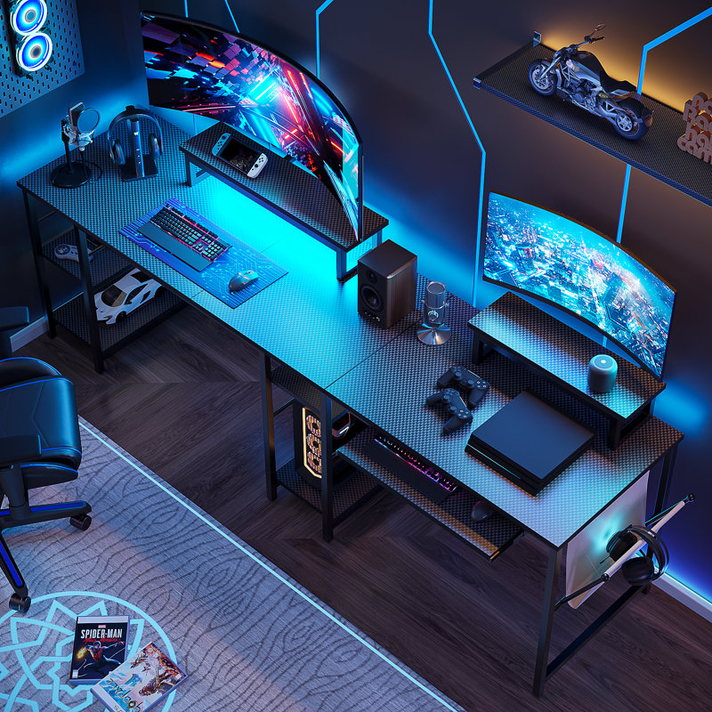 Orndorff L Shaped Gaming Desk or 2 Person Long Table with Shelves Monitor Stand and Keyboard Tray, Black Carbon Fiber