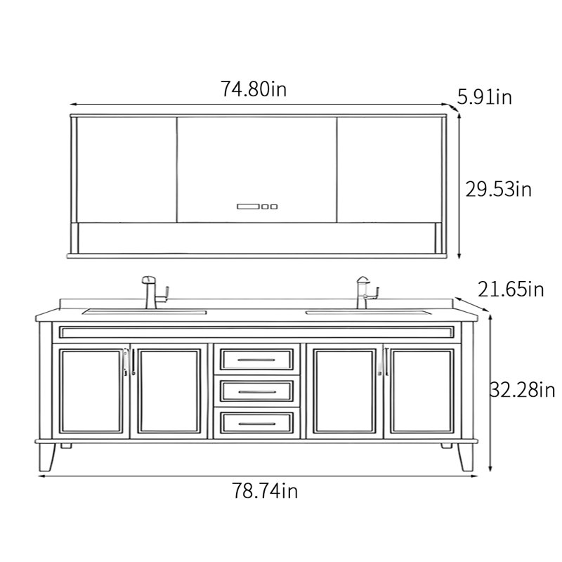Armoire de salle de bain simple et moderne de style français, 32.28'' H x 78.74'' W x 21.65'' D, Gris foncé