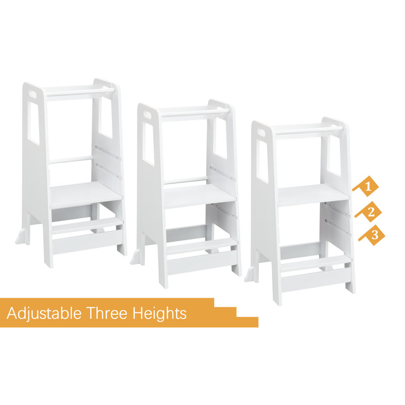White Adjustable Wooden Toddler Step Stool with Safety Rails