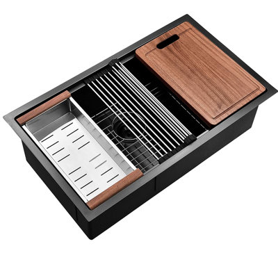 Évier de cuisine encastrable 32 po L 19 po x L 19 po, acier inoxydable, chaleur et bosses, bassins profonds, réduction du bruit de condensation, atténuation sonore Groove Drainage T304, conception avec rail coulissant, lavabos