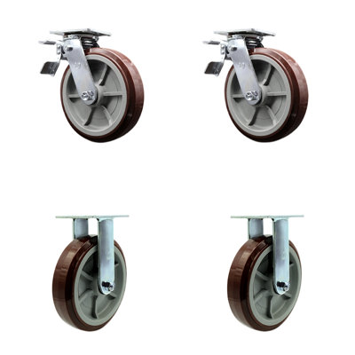 8 Inch Polyurethane Caster Set with Ball Bearing 2 Brakes 2 Rigid Service Caster