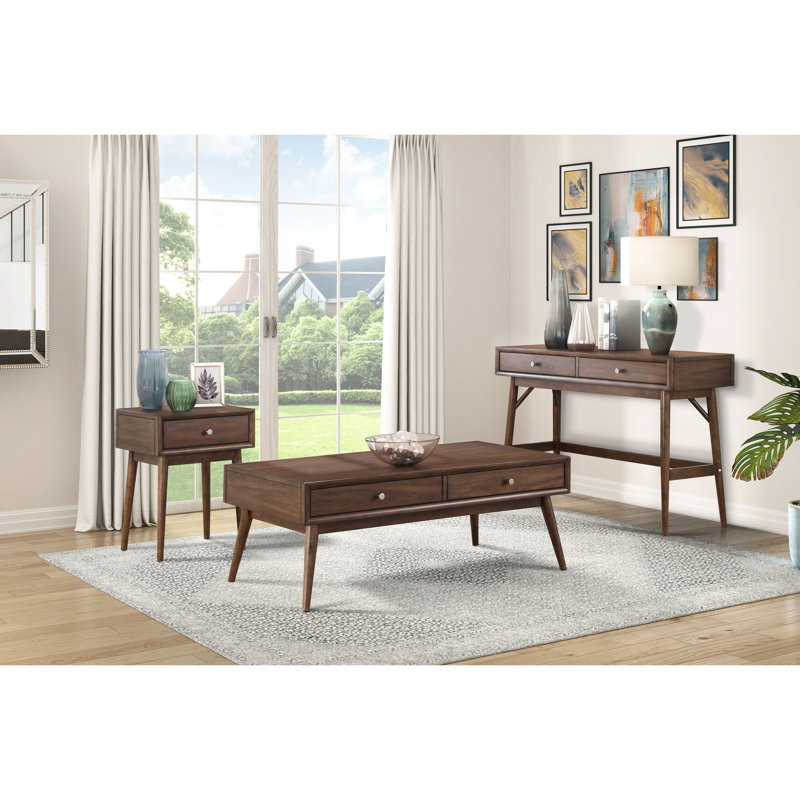 Table basse de salon 2, style rétro moderne, placage noyer, 2 tiroirs, fini marron.