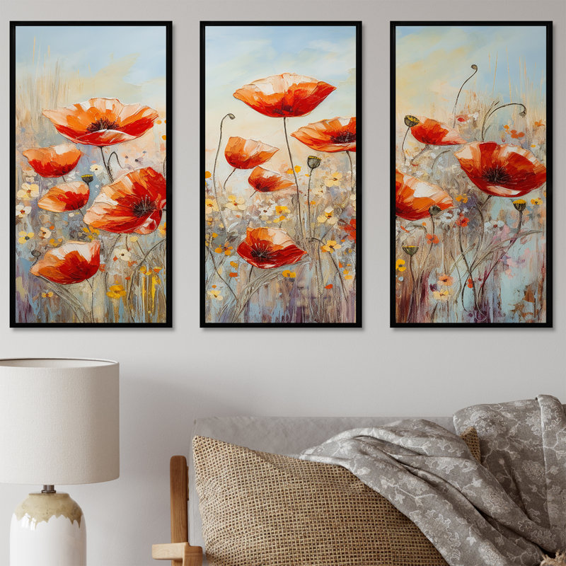 Red Poppies Blossoming II - ensemble d'art mural champ de fleurs, Cadre flottant noir, H 40 po x l 60 po x P 1 po