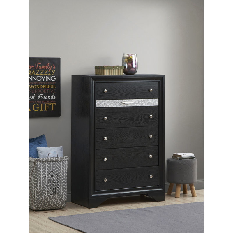 Commode Ludo à 6 tiroirs, 87 cm de large, en bois massif, Black