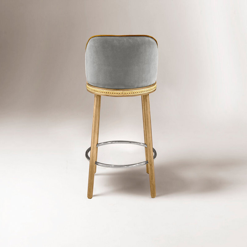 Alma Upholstered Stool with Solid Wood Frame, Satin Nickel, Counter Stool (27" Seat Height), Fog