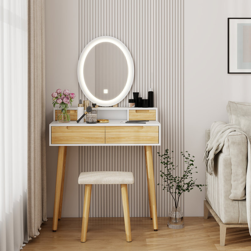 Barther Vanity Table Set with Adjustable Brightness Mirror and Cushioned Stool