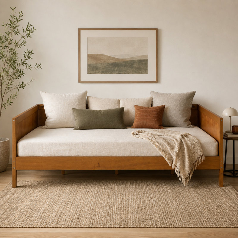Lit de jour Cavrelisse en bois pleine grandeur avec cadre à trois côtés, canapé-lit plateforme en noyer foncé, construction en pin, contreplaqué et MDF, 10 lattes de soutien pour matelas, aucun sommier requis