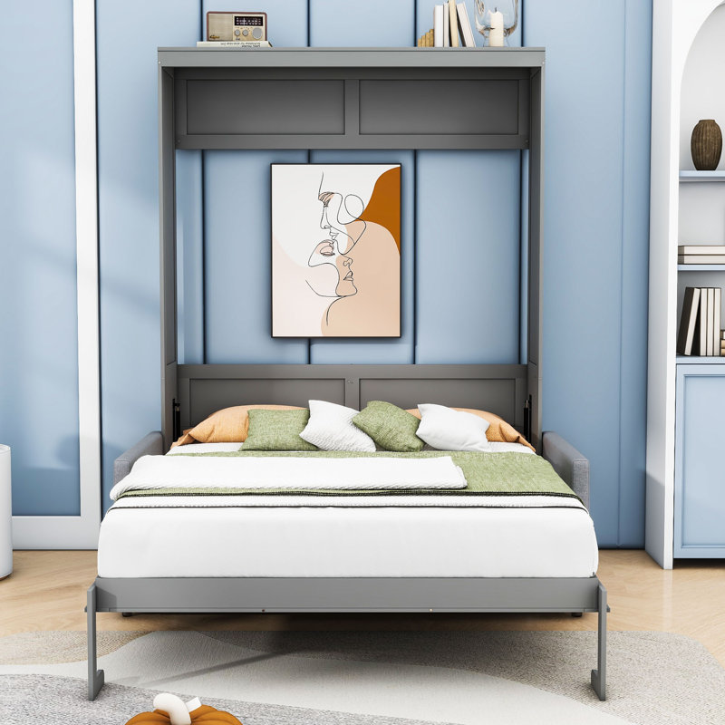 Shinpei Murphy Bed Wall Bed with Cushion, Gray, Full